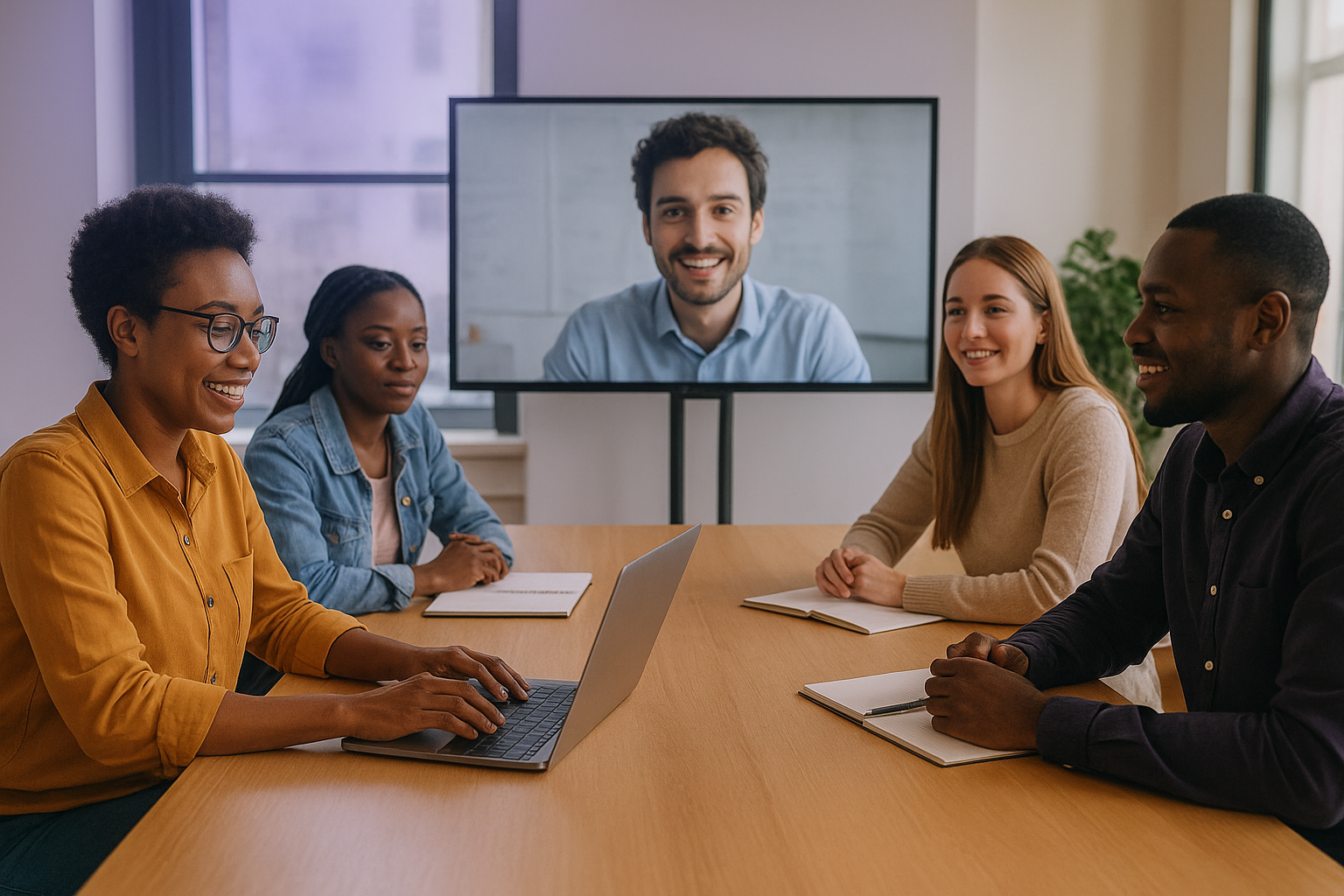 Two women sitting at a modern table talking with a city view behind them.