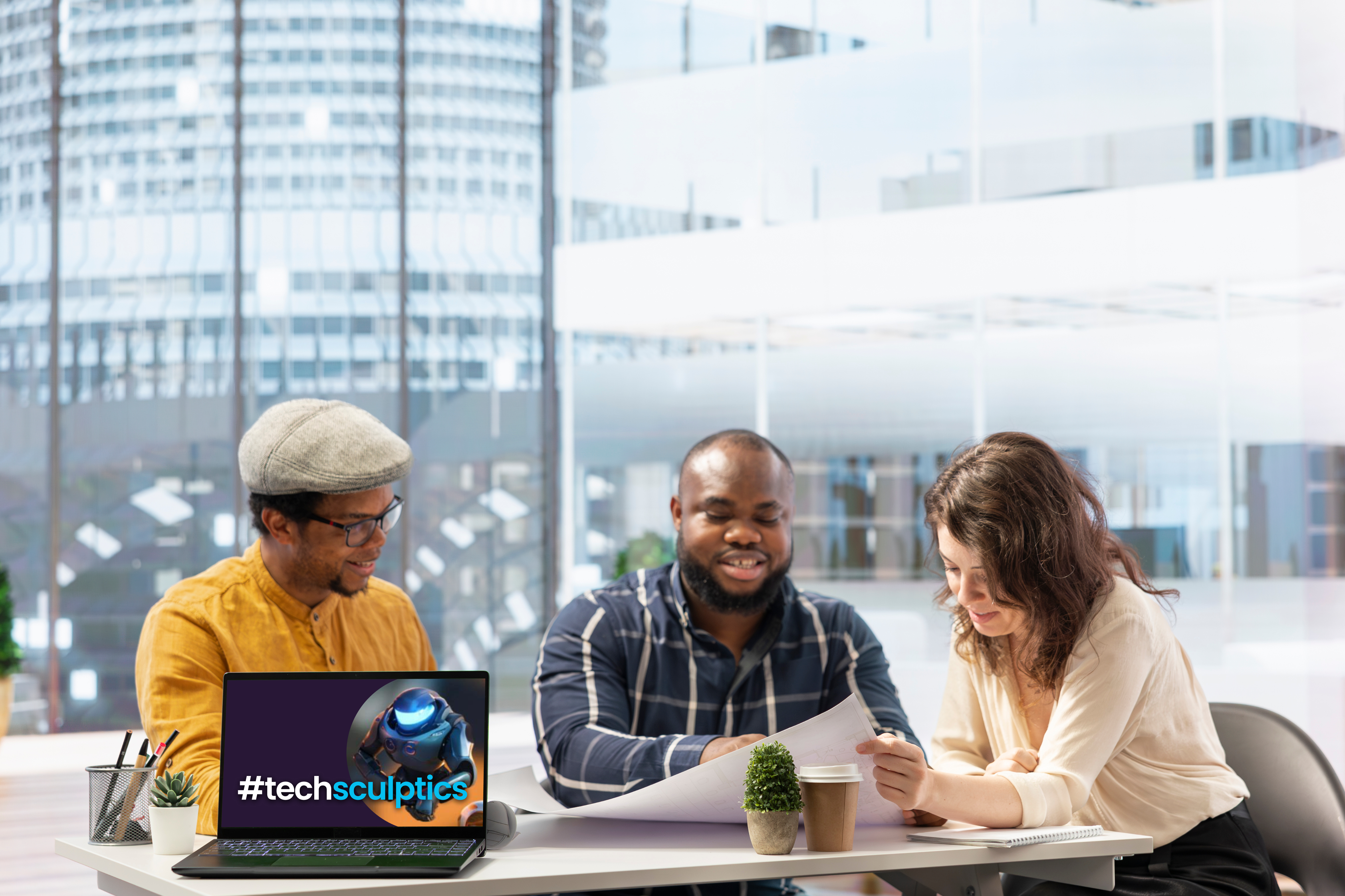 Two women sitting at a modern table talking with a city view behind them.